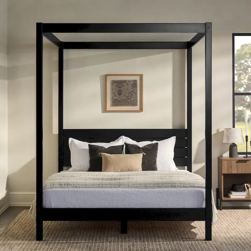 Struttura letto a baldacchino Queen in pino naturale / nero, 1 posto, legno massello di pino