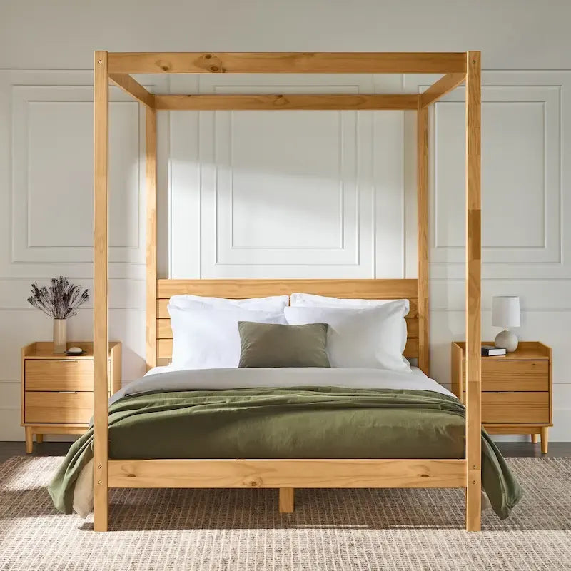 Struttura letto a baldacchino Queen in pino naturale / nero, 1 posto, legno massello di pino