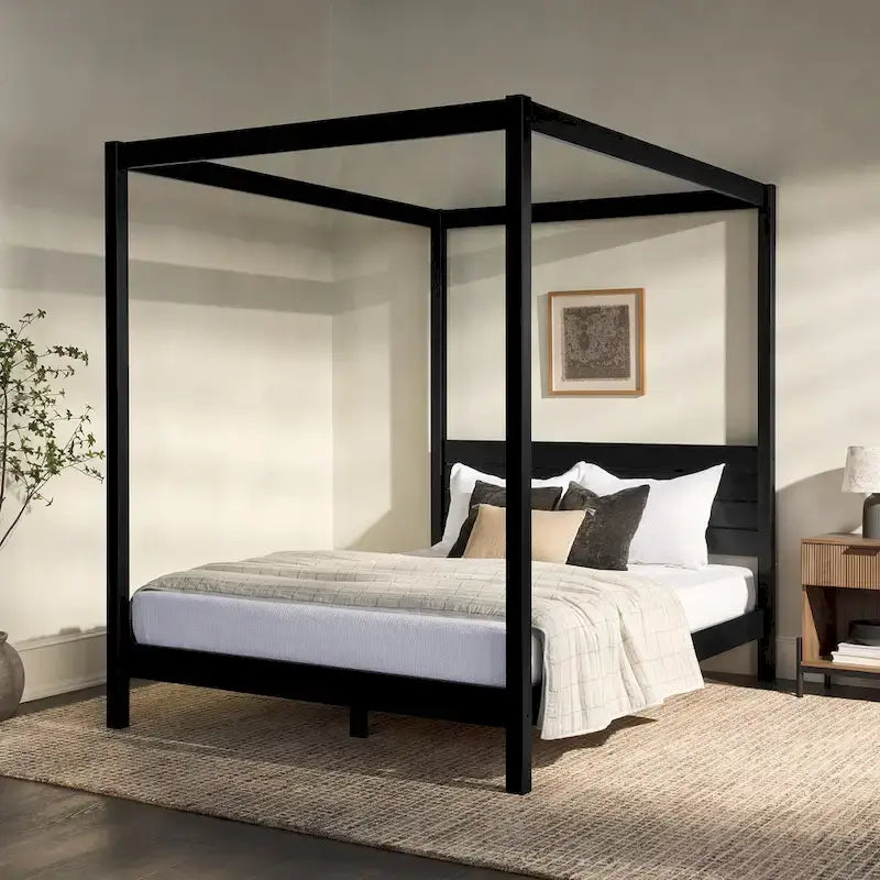 Struttura letto a baldacchino Queen in pino naturale / nero, 1 posto, legno massello di pino
