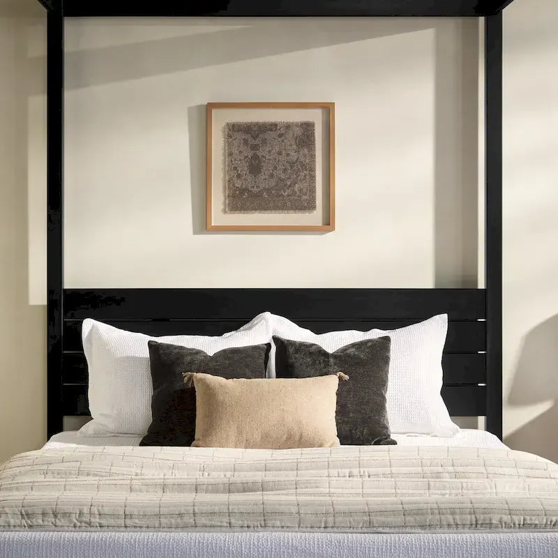 Struttura letto a baldacchino Queen in pino naturale / nero, 1 posto, legno massello di pino