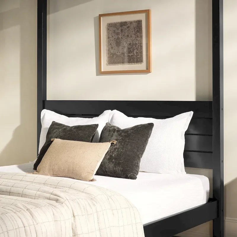 Struttura letto a baldacchino Queen in pino naturale / nero, 1 posto, legno massello di pino