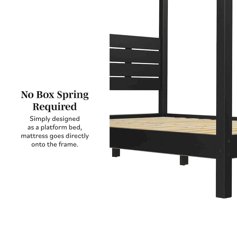 Struttura letto a baldacchino Queen in pino naturale / nero, 1 posto, legno massello di pino