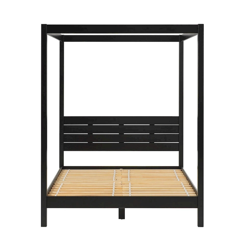 Struttura letto a baldacchino Queen in pino naturale / nero, 1 posto, legno massello di pino