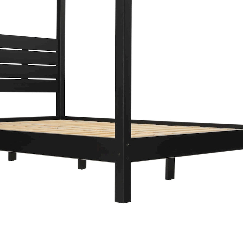 Struttura letto a baldacchino Queen in pino naturale / nero, 1 posto, legno massello di pino