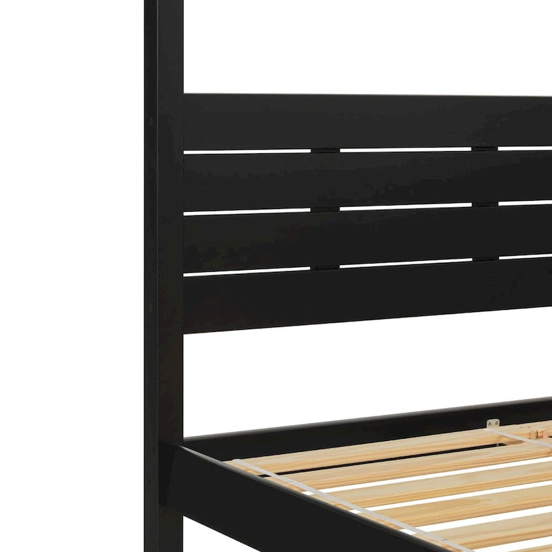 Struttura letto a baldacchino Queen in pino naturale / nero, 1 posto, legno massello di pino