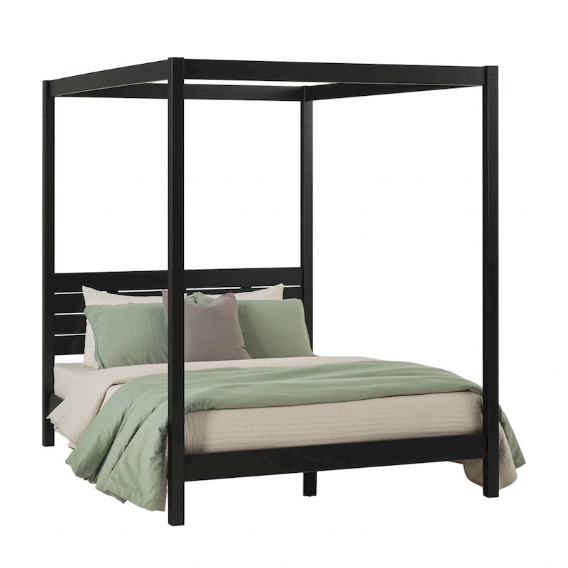 Struttura letto a baldacchino Queen in pino naturale / nero, 1 posto, legno massello di pino