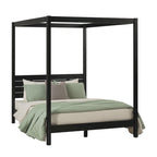 Struttura letto a baldacchino Queen in pino naturale / nero, 1 posto, legno massello di pino