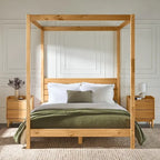 Struttura letto a baldacchino Queen in pino naturale / nero, 1 posto, legno massello di pino