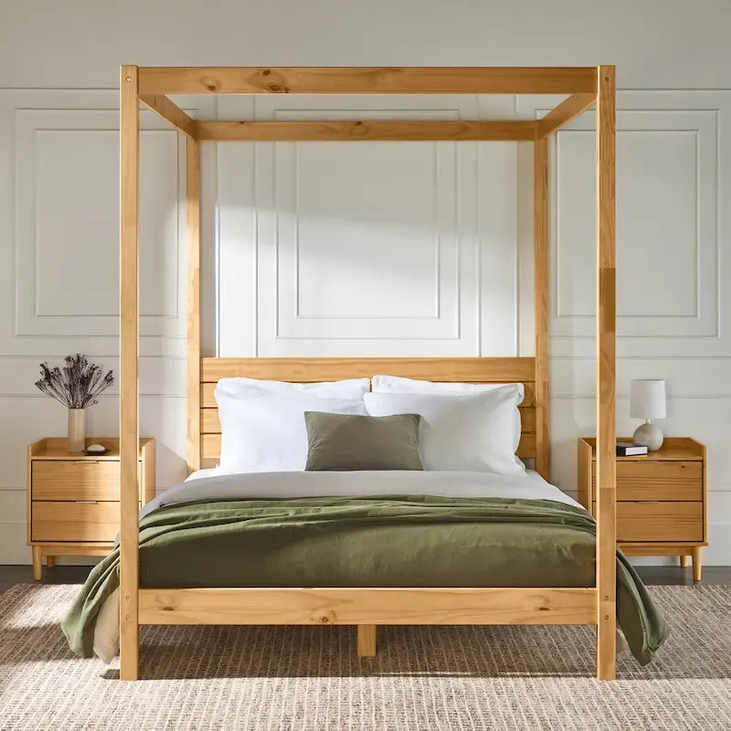 Struttura letto a baldacchino Queen in pino naturale / nero, 1 posto, legno massello di pino