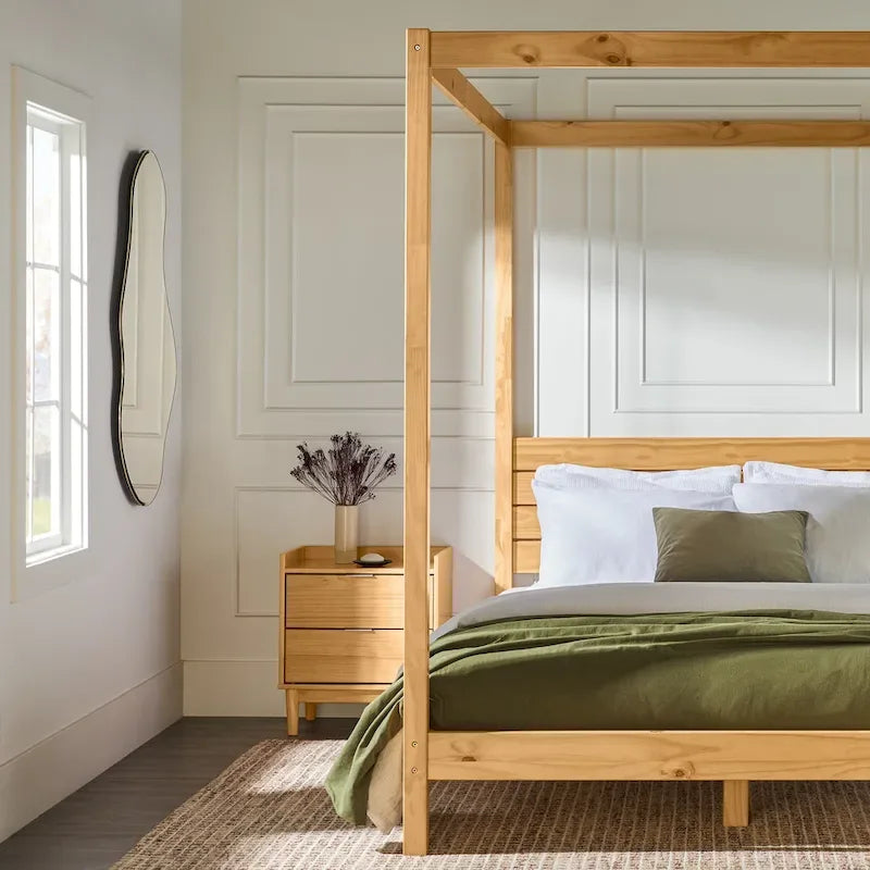 Struttura letto a baldacchino Queen in pino naturale / nero, 1 posto, legno massello di pino