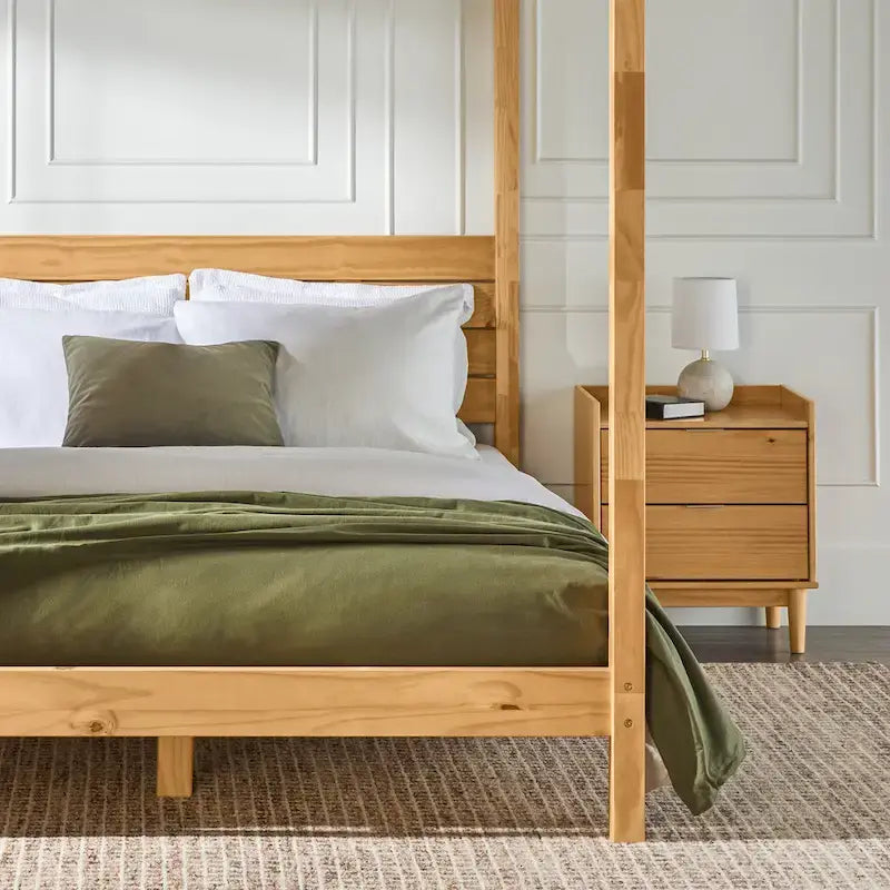 Struttura letto a baldacchino Queen in pino naturale / nero, 1 posto, legno massello di pino