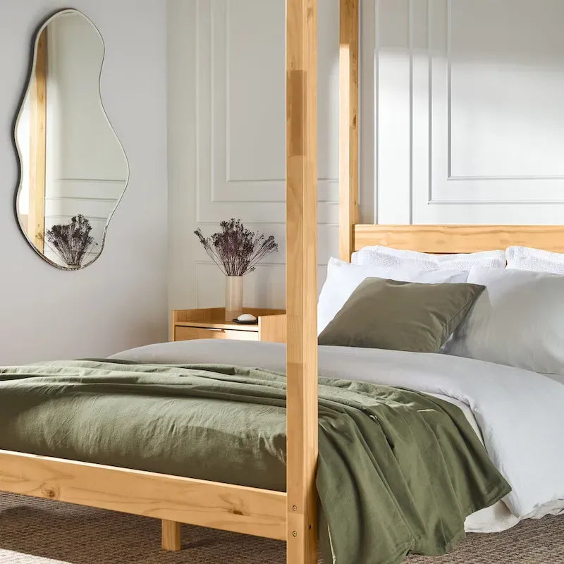 Struttura letto a baldacchino Queen in pino naturale / nero, 1 posto, legno massello di pino