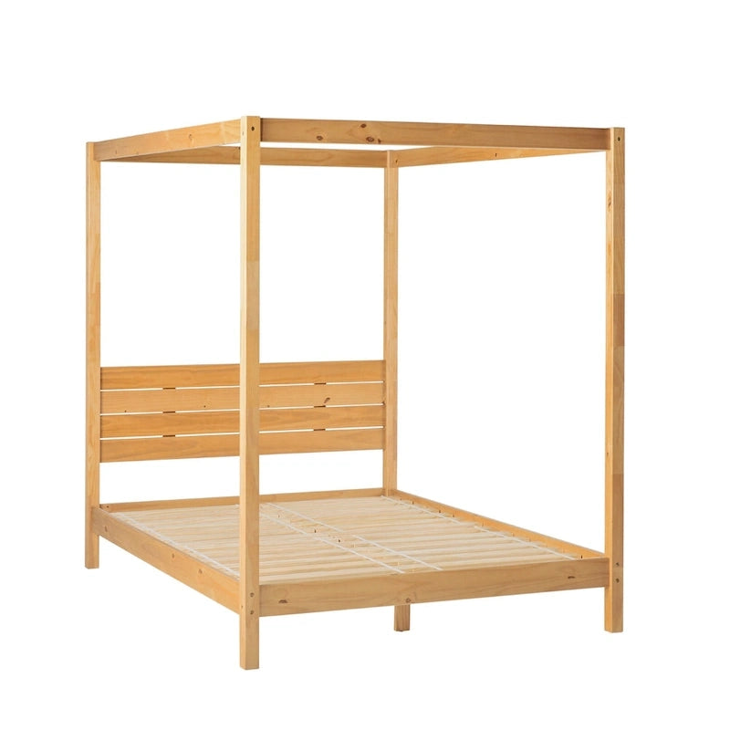 Struttura letto a baldacchino Queen in pino naturale / nero, 1 posto, legno massello di pino