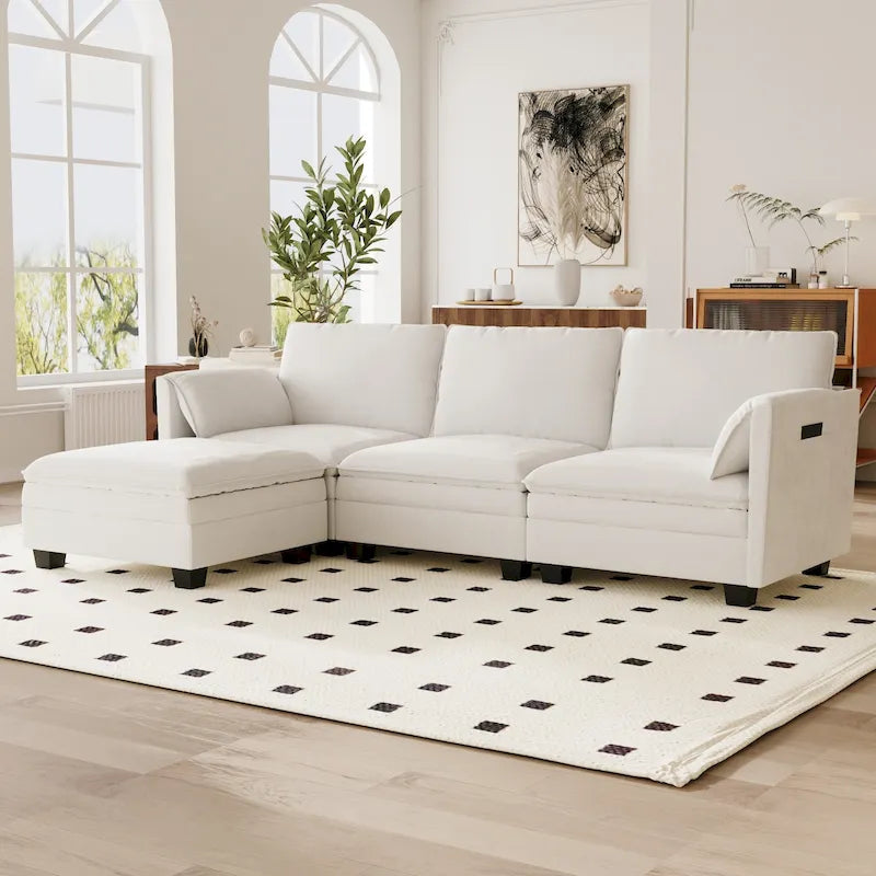 Divano a L con pouf e tasche sui braccioli, in tessuto, 3 posti – blu/grigio/beige