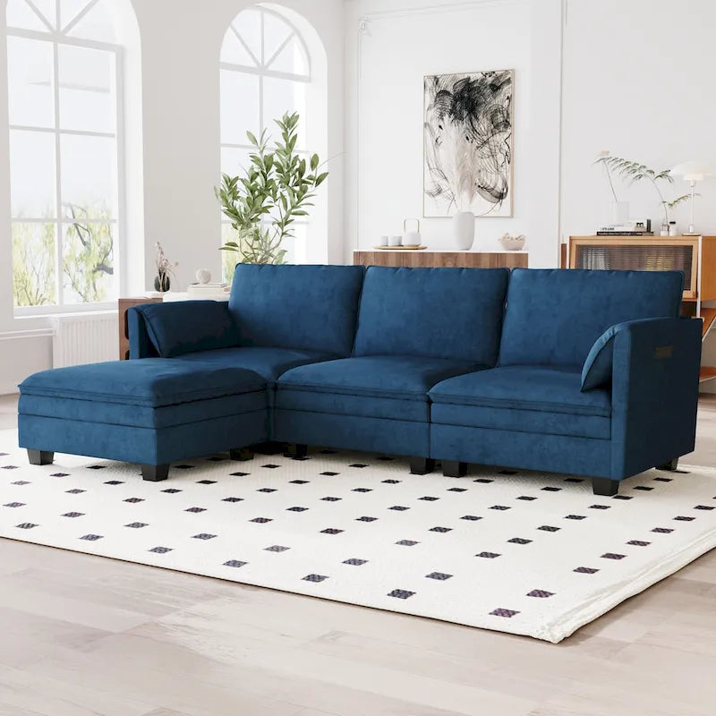 Divano a L con pouf e tasche sui braccioli, in tessuto, 3 posti – blu/grigio/beige