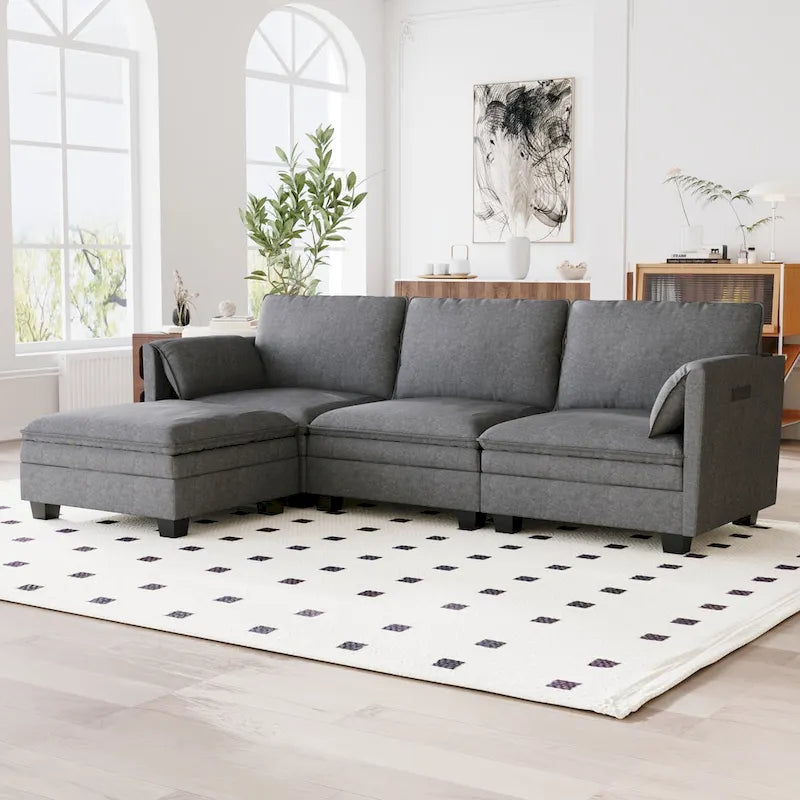 Divano a L con pouf e tasche sui braccioli, in tessuto, 3 posti – blu/grigio/beige