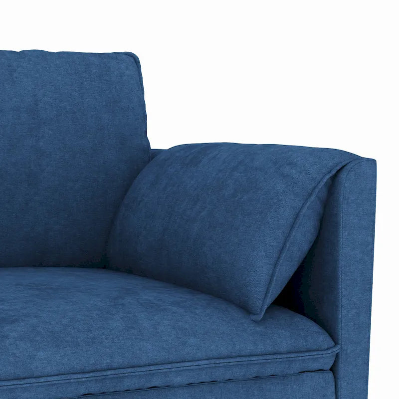 Divano a L con pouf e tasche sui braccioli, in tessuto, 3 posti – blu/grigio/beige