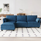 Divano a L con pouf e tasche sui braccioli, in tessuto, 3 posti – blu/grigio/beige