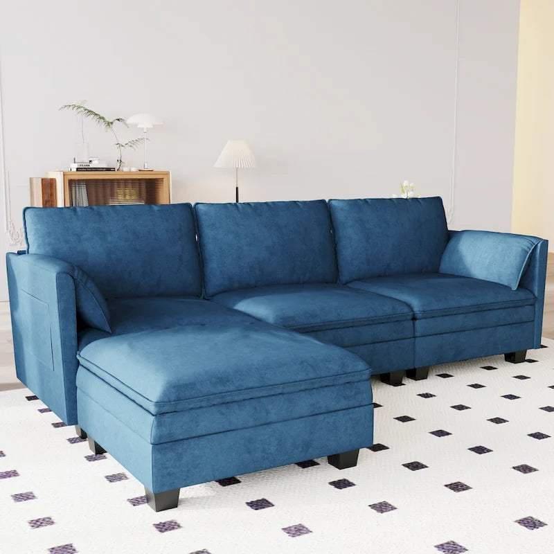 Divano a L con pouf e tasche sui braccioli, in tessuto, 3 posti – blu/grigio/beige