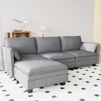 Divano a L con pouf e tasche sui braccioli, in tessuto, 3 posti – blu/grigio/beige