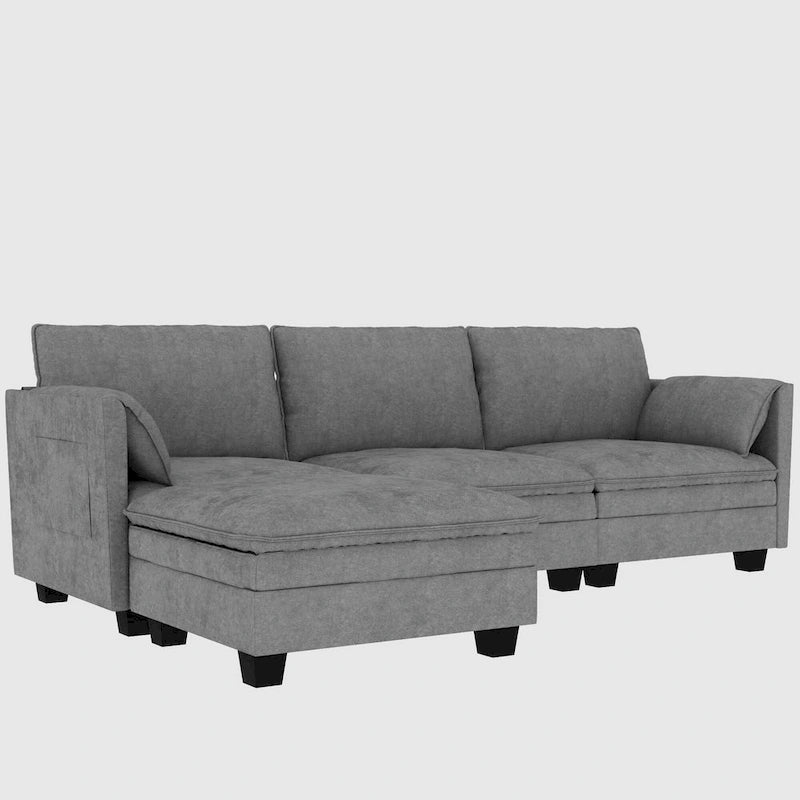 Divano a L con pouf e tasche sui braccioli, in tessuto, 3 posti – blu/grigio/beige