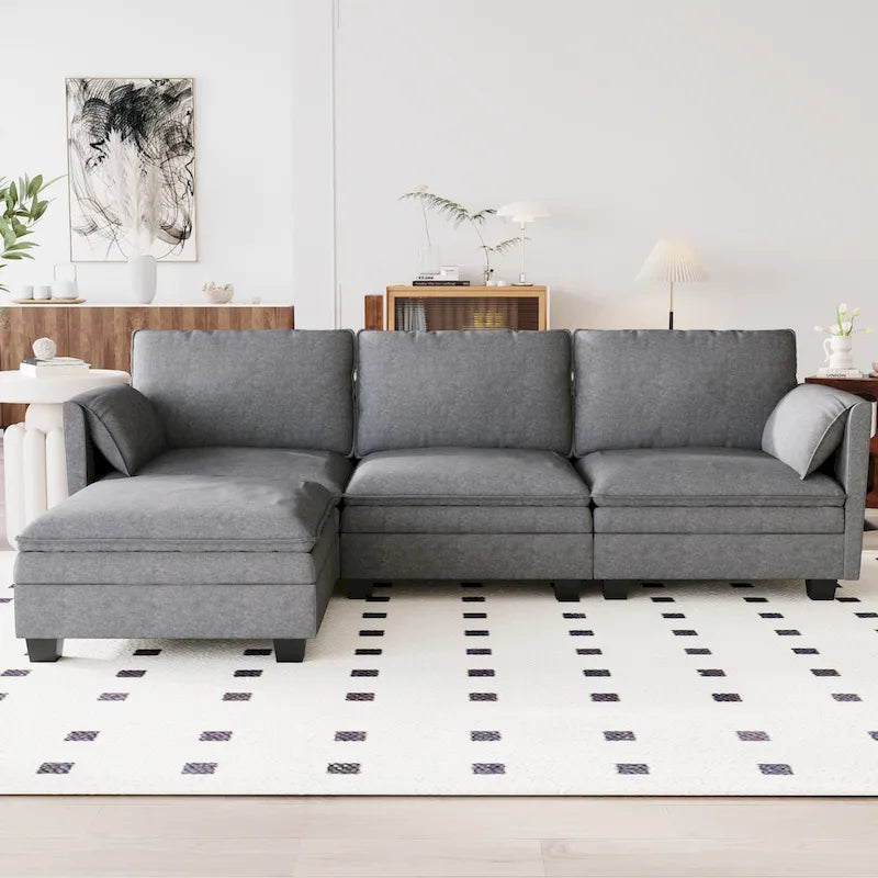 Divano a L con pouf e tasche sui braccioli, in tessuto, 3 posti – blu/grigio/beige