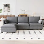 Divano a L con pouf e tasche sui braccioli, in tessuto, 3 posti – blu/grigio/beige