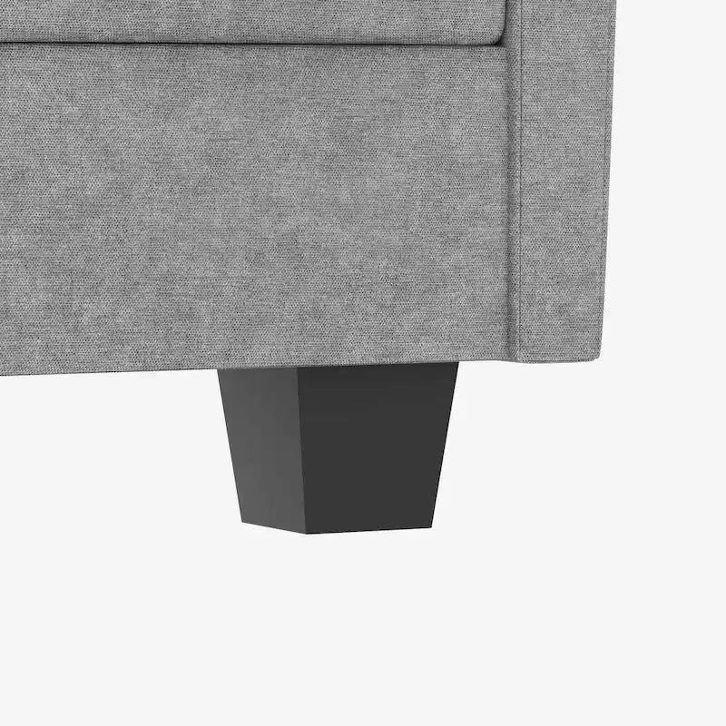 Divano a L con pouf e tasche sui braccioli, in tessuto, 3 posti – blu/grigio/beige