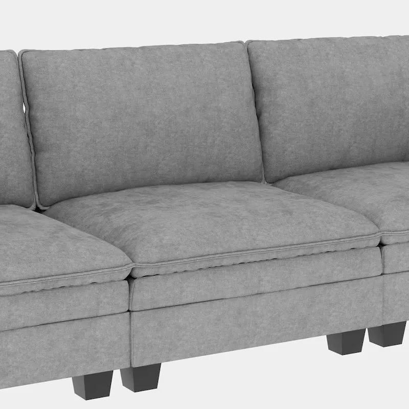 Divano a L con pouf e tasche sui braccioli, in tessuto, 3 posti – blu/grigio/beige