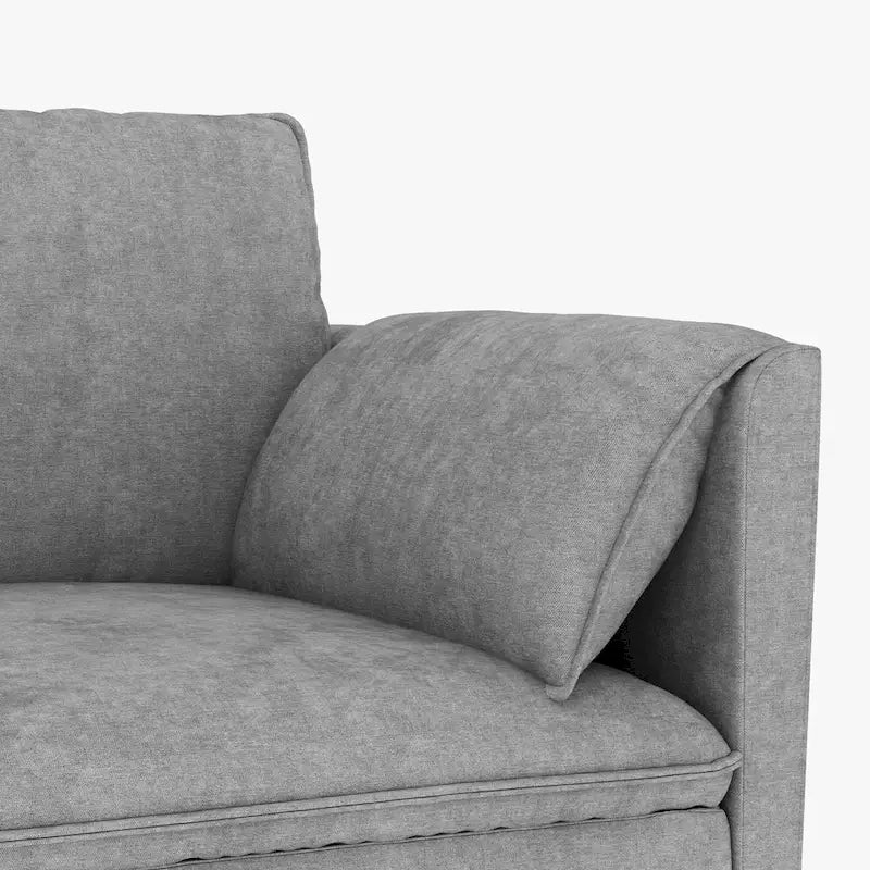 Divano a L con pouf e tasche sui braccioli, in tessuto, 3 posti – blu/grigio/beige