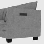 Divano a L con pouf e tasche sui braccioli, in tessuto, 3 posti – blu/grigio/beige