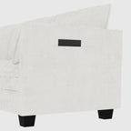 Divano a L con pouf e tasche sui braccioli, in tessuto, 3 posti – blu/grigio/beige