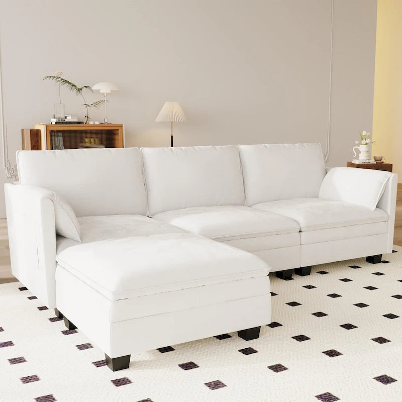 Divano a L con pouf e tasche sui braccioli, in tessuto, 3 posti – blu/grigio/beige