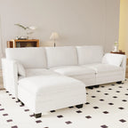 Divano a L con pouf e tasche sui braccioli, in tessuto, 3 posti – blu/grigio/beige