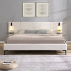 Letto King imbottito in bouclé bianco con luci e mensole, 2 persone