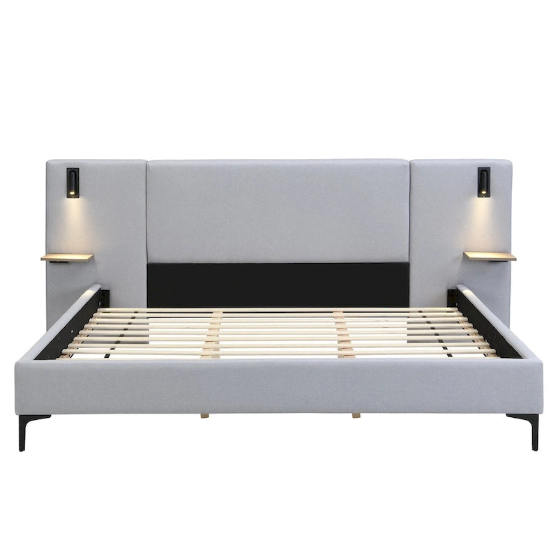 Letto King imbottito in bouclé bianco con luci e mensole, 2 persone