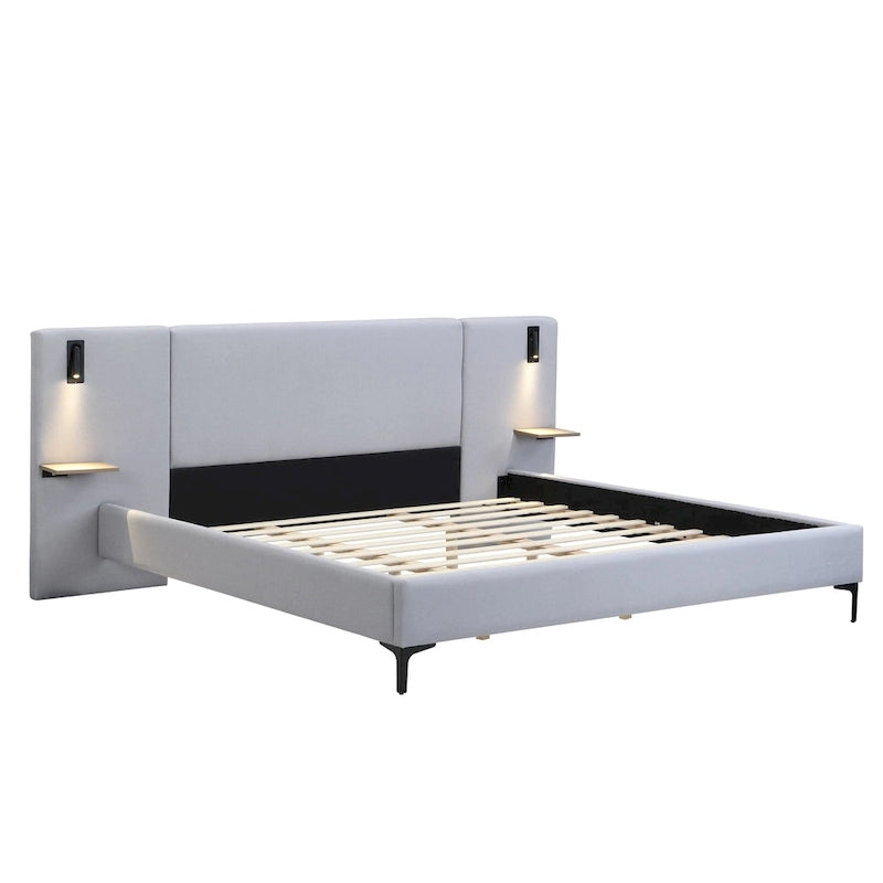 Letto King imbottito in bouclé bianco con luci e mensole, 2 persone