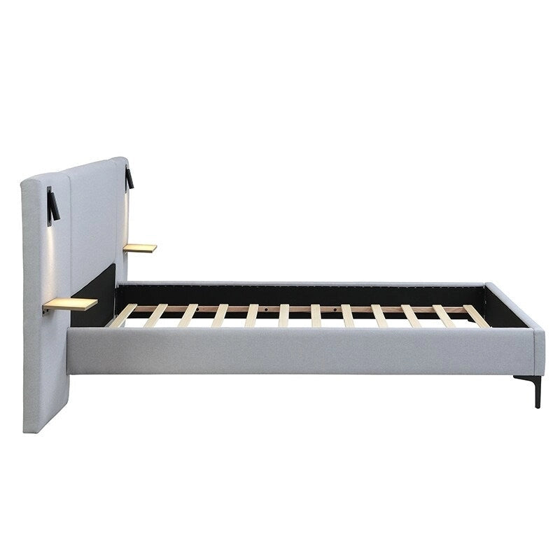 Letto King imbottito in bouclé bianco con luci e mensole, 2 persone