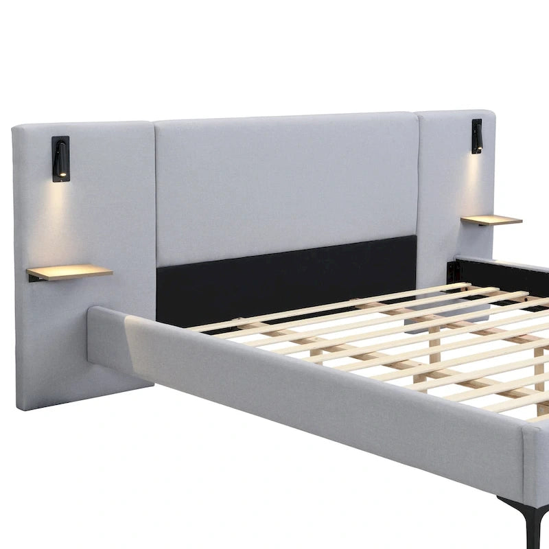 Letto King imbottito in bouclé bianco con luci e mensole, 2 persone
