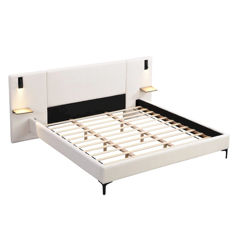 Letto King imbottito in bouclé bianco con luci e mensole, 2 persone
