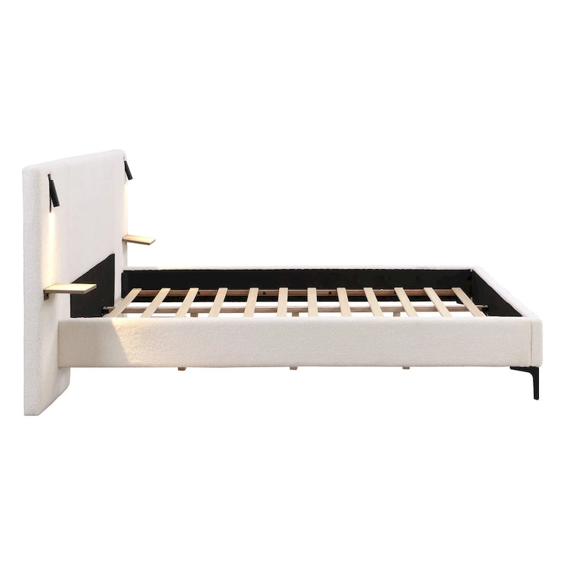 Letto King imbottito in bouclé bianco con luci e mensole, 2 persone