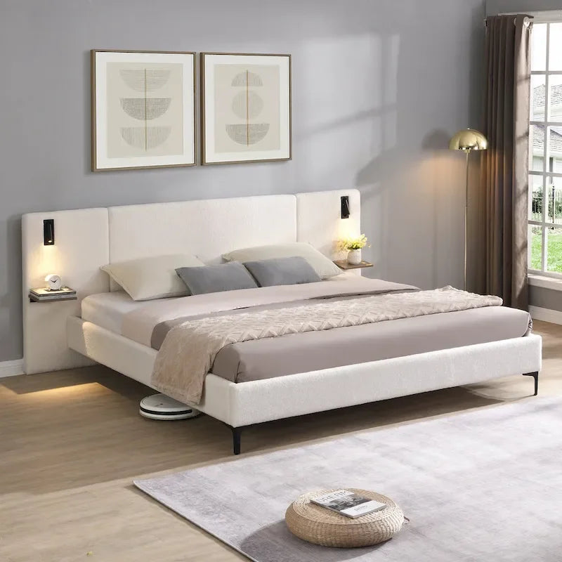Letto King imbottito in bouclé bianco con luci e mensole, 2 persone