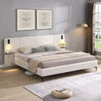 Letto King imbottito in bouclé bianco con luci e mensole, 2 persone