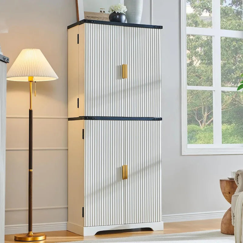 Mobile contenitore scanalato a 4 ante, Rovere Bianco/Naturale/Verde Militare, H 183 cm