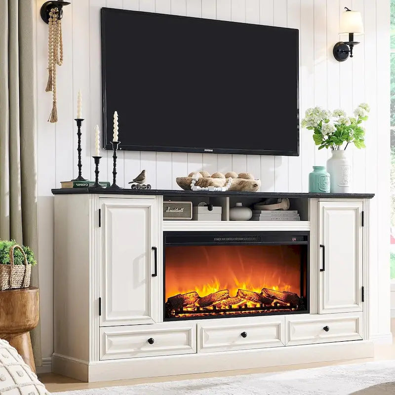 Mobile TV da fattoria con caminetto elettrico, in rovere anticato bianco/nero/marrone chiaro/viola, adatto a TV fino a 80", assemblaggio per 2 persone