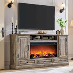 Mobile TV da fattoria con caminetto elettrico, in rovere anticato bianco/nero/marrone chiaro/viola, adatto a TV fino a 80", assemblaggio per 2 persone