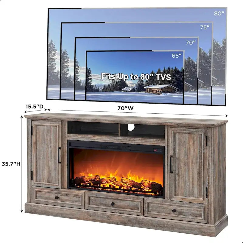 Mobile TV da fattoria con caminetto elettrico, in rovere anticato bianco/nero/marrone chiaro/viola, adatto a TV fino a 80", assemblaggio per 2 persone