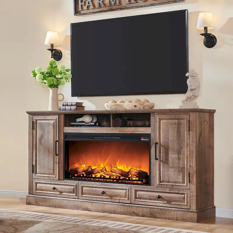 Mobile TV da fattoria con caminetto elettrico, in rovere anticato bianco/nero/marrone chiaro/viola, adatto a TV fino a 80", assemblaggio per 2 persone