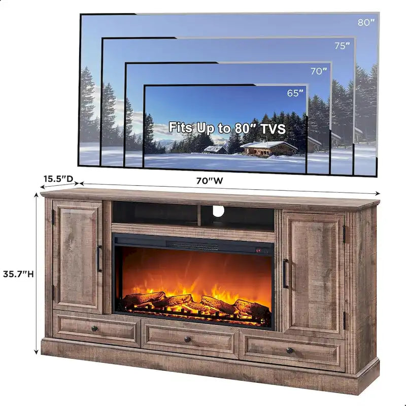 Mobile TV da fattoria con caminetto elettrico, in rovere anticato bianco/nero/marrone chiaro/viola, adatto a TV fino a 80", assemblaggio per 2 persone
