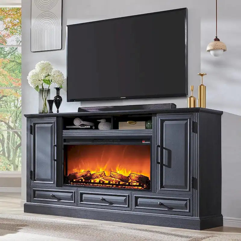 Mobile TV da fattoria con caminetto elettrico, in rovere anticato bianco/nero/marrone chiaro/viola, adatto a TV fino a 80", assemblaggio per 2 persone